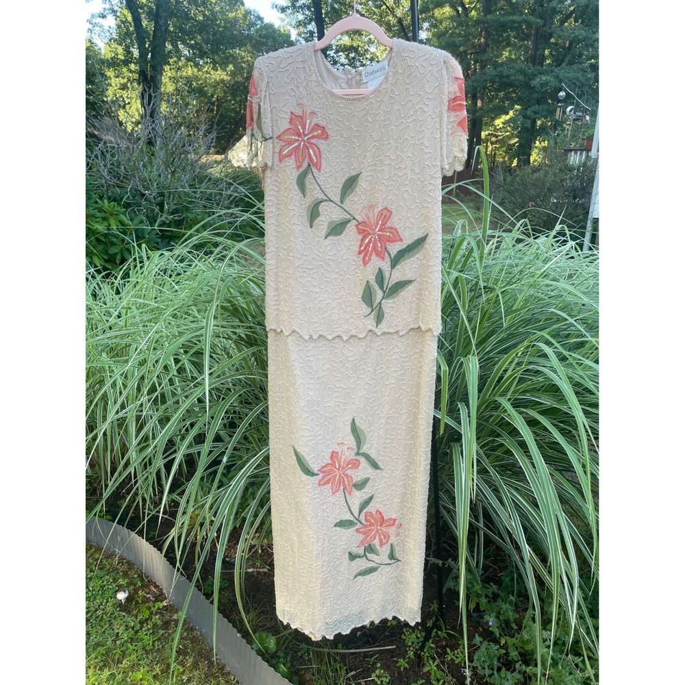 Vintage Maxi Dress Silk Beaded Floral Maxi Dress Set Pink Beige Size 8 Chadwicks